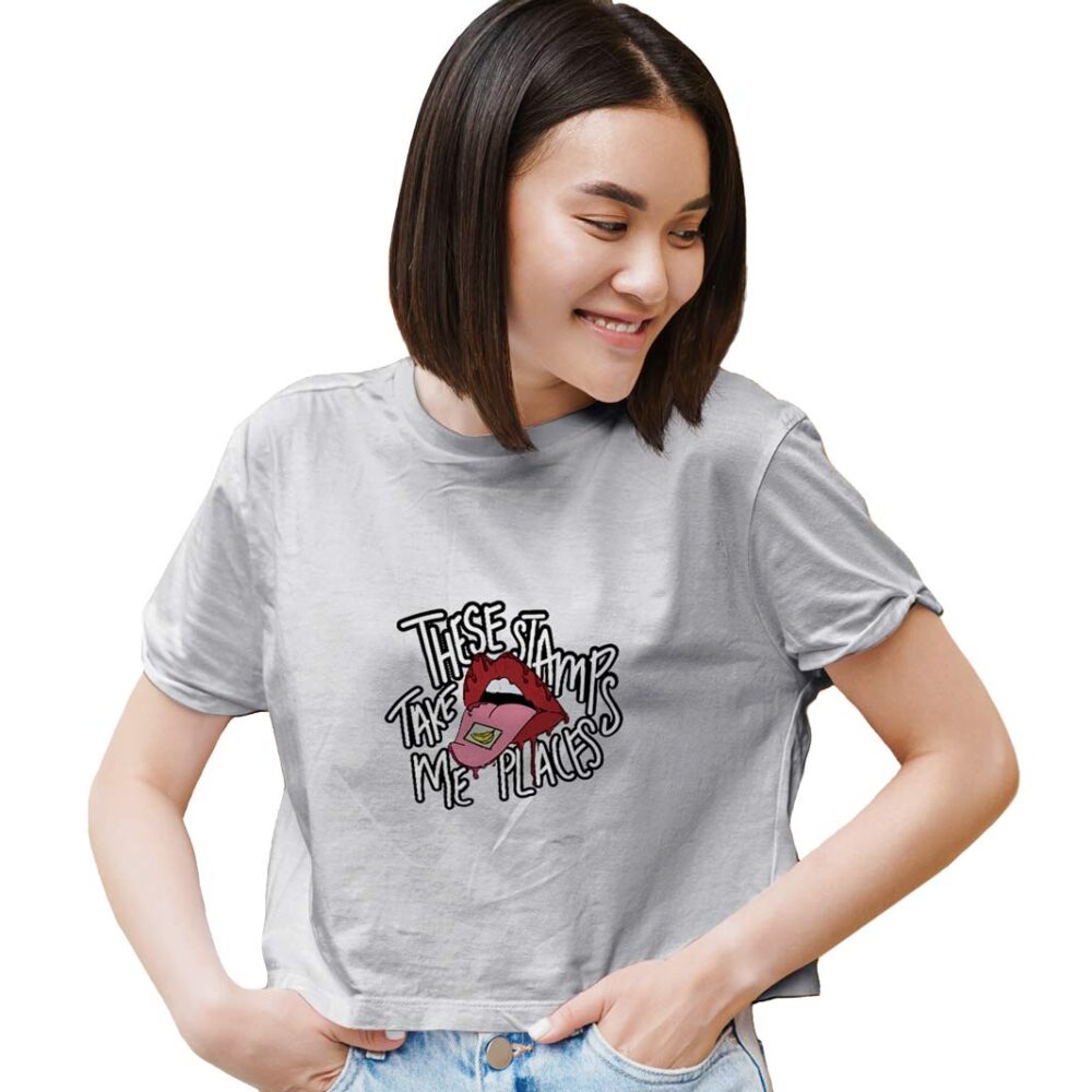 Medle Trendy THE STAMPS TAKES ME PLACES women’s crop top | Chic yet Cool Cotton Crop top - Image 2